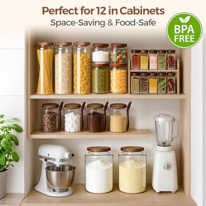 ComSaf 6PCS (1.1Qt/0.5Qt) Glass Pantry Storage Container with Acacia Wood Lid, Airtight Glass Canister with Stacked Design for Orderly Organizing, Glass Jar Organizing Dry Goods in Pantry & Cabinet - size: 1.1Qt*3 / 0.5Qt*3
