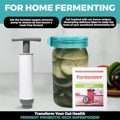 Fermentation Starter Set, Includes 3 Airlock Fermentation Lids and 3 Glass Weights, Sauerkraut Fermenting Kit for Wide Mouth Mason Jar, Pickles, Vegetables, & Kimchi Making Kit - color: Teal