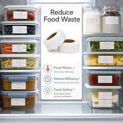Food Labels for Containers, 2 Rolls, 500 Each, Meal Prep Kitchen Storage. | 1000 labels total. Writable fields Item Date Use By AM PM Initials. 1x2 inch labels for meal prep kitchen restaurant storage.