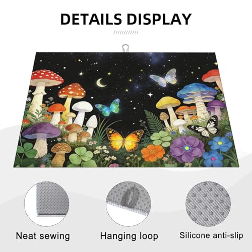 Mushroom Dish Drying Mat, for Kitchen Counter Microfiber Absorbent, Aesthetics Dish Draining Mat Extra Large 18"x24" - color: Mushroom