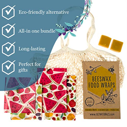 7 Pc Beeswax Wraps for Food Snacks, Sandwich, Bread - Reusable Eco Friendly Kitchen Storage and Zero Waste - 4 Wraps, 2 Beeswax Bars and Cotton Mesh Market Bag - Alternative Imagination