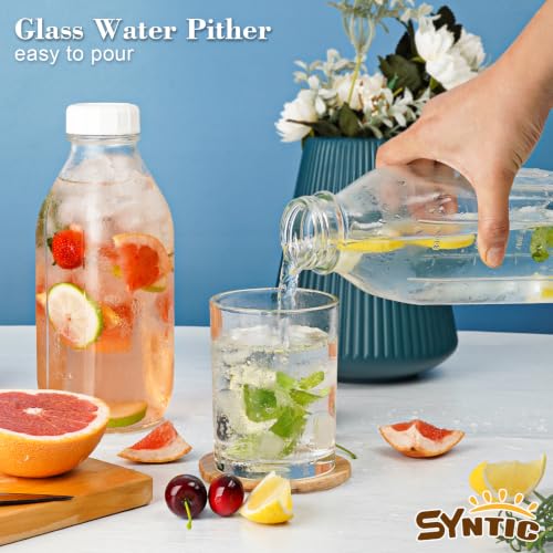 2 Pack Glass Milk Bottle with 2 Dispenser Caps, 100% Airtight Heavy Duty Screw Lid. 32 Oz Reusable Glass Water Jug with 3 Lids! Breast Milk Pitcher, Buttermilk, Nut, Juice, Syrup, Coffee Creamer
