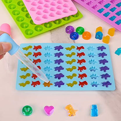 Sakolla Gummy Candy Molds Silicone with 2 Droppers Pack of 4 Mini Silicone Molds Including Dinosaur, Bear Shape, Hearts and Donut Gummie Chocolate Molds for Kids - color: 4 Different Style/4 Colors