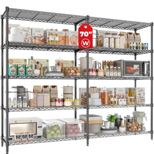 70" W Storage Shelves 1430 LBS Heavy Duty Wire Shelving, 5 Tier Adjustable Metal Garage Shelving, Pantry Kitchen Storage Rack with Liners, DIY L-Shaped Corner Shelf, 70" W x 16" D x 72" H - color: Black, size: 70" W x 16" D x 72" H-5 Tier