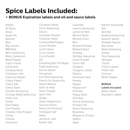 250 White Spice Labels by ThreeKin | Waterproof & Oil-Resistant Pre-Printed Stickers for Spice Jars | Durable, BPA-Free Seasoning Labels | Easy-Clean, No-Residue Design | Proudly Female & USA Owned - color: White