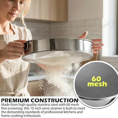 Fine Mesh Sieve Strainer, 10 Inch Stainless Steel 60 Mesh, Replacement for Winco 10" Sieves, Comfortable Handle, Baking, Food Prep and Cooking Tool for Foodservice, Restaurant and Home Use