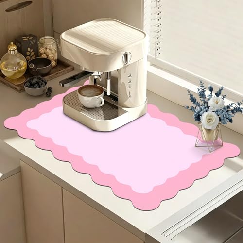 Scalloped Coffee Bar Mat for Countertop, Cute Dish Drying Mats for Kitchen Counter, Diatomite Absorbent Mat for Coffee Station, Kitchen Aesthetic Decor (12"x19", Pink) - color: Pink, size: 19" x 12"