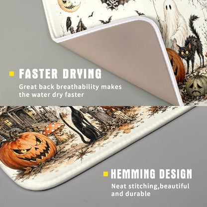 Giwawa Halloween Pumpkin Ghost Dish Drying Mat Black Cat Microfiber Dishes Pad 16x18 Inch Holiday Dish Drainer Rack Mats for Kitchen Counter Sink - color: Pumpkin Ghost, size: 16x18 inch