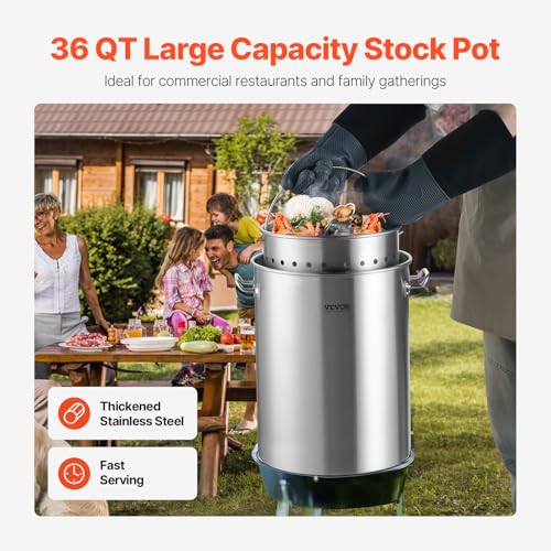 VEVOR Stainless Steel Stockpot, 36 Quart Cooking Pots, Cookware Sauce Pot with Basket, Lid, and Handle, Heavy Duty Commercial Grade Stock Pot, Sanding Treatment, for Steaming Boiling or Frying Silver - size: 35.9 Quarts