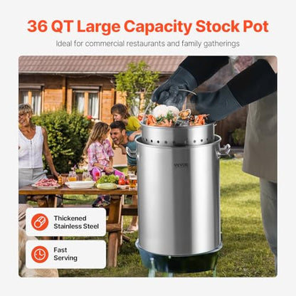 VEVOR Stainless Steel Stockpot, 36 Quart Cooking Pots, Cookware Sauce Pot with Basket, Lid, and Handle, Heavy Duty Commercial Grade Stock Pot, Sanding Treatment, for Steaming Boiling or Frying Silver - size: 35.9 Quarts