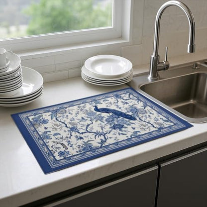 Absorbent Kitchen Dish Drying Mat Quick Dry Heat Resistant Hide Stain for Glasses Coffee Espresso Machines Pots Pans and Dish Racks,18" x 24" Chinoiserie Peacock Blue Pattern - color: Chinoiserie Peacock Blue