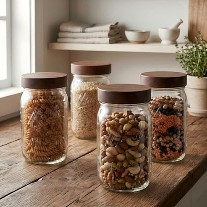4 Pack 32 oz Glass Jars, Wide Mouth Mason Jars with Acacia Wood Airtight Lids for Food Storage, Snacks, Meal Prep & Lunch Leakproof - color: 4 Pack - Acacia Wood