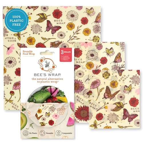 Bee's Wrap Beeswax Wraps for Food - 3 Pack of Assorted Beeswax Wraps - Small, Medium & Large Wrap - Plastic Free Made in USA Reusable Natural Food Wrap - Meadow Magic Print - style: 3 Pack (Meadow Magic)