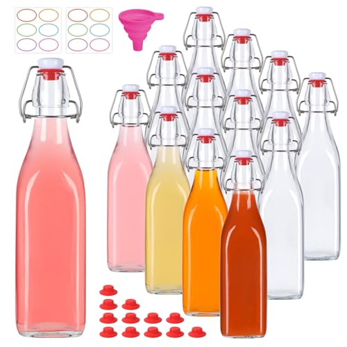 12 Pack 16oz Swing Top Glass Bottles, Flip Top Glass Bottle | Square Bottles with Airtight Stoppers for Kombucha, Kefir, Vanilla Extract, Beer - size: 16oz-12pack