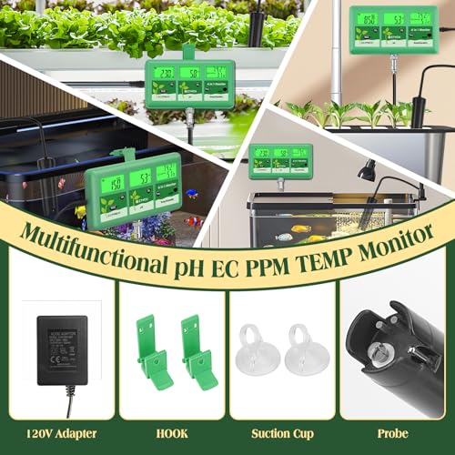 pH EC Continuous Monitor for Hydroponic, WiFi EC PPM CF pH Meter | 6 in 1 , Digital, pH TDS Temp Humidity Conductivity Monitor, for DWC Hydroponic System, Aeroponic Gardening, Aquaponic
