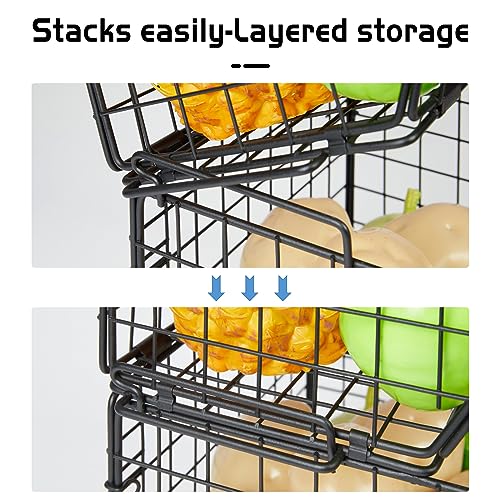 2-Tier Potato and Onion Storage Bin, Stackable Wire Baskets for Countertop | Large Fruit and Vegetable Storage, Wall-Mount Kitchen Pantry Organizer with Ventilated Mesh to Keep Produce Fresh for Cabinet - size: 2-tier Large