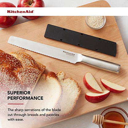 KitchenAid Gourmet Forged Triple-Rivet Serrated Bread Knife with Custom-Fit Blade Cover, 8-inch, Sharp Kitchen Knife, Japanese Stainless Steel Blade, Black - style: 8-Inch Bread Knife