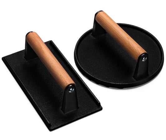 Burger Press, 7" Round & 8.2"X4.3" Rectangle Heavy-Duty Cast Iron Smash Bacon Press Meat Steak With Wood Handle for Griddle, Sandwich, Nonstick Pan - size: Round & Rectangle