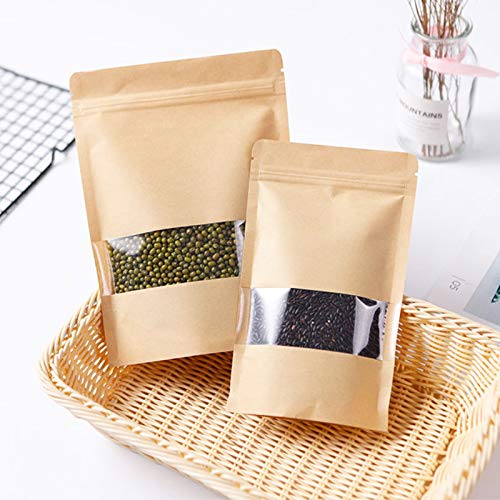 100 Pcs Resealable Stand Up kraft Paper Bags with Window for Packaging Products, Reusable Zip Lock Food Storage Pouch Bags (5.5" x 8.6") - size: 5.5" x 8.6"