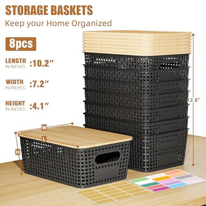 8 Pcs Plastic Storage Bins with Bamboo Lids and Labels 5.29qt Stackable Box Basket Pantry Decorative Containers, Small Storage Baskets for Desktop Organizing Shelves Bedrooms Cabinets 10*7.2*4.1" - style: Black-Bamboo Lid
