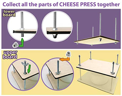 PetriStor Wooden Cheese Press for Cheese Making Supplies 12 in Metal Guides and Cheese Mold with Follower Piston 1.3Qt - Small Home Supply Cheese Press Machine - Prensa Para Queso Casero