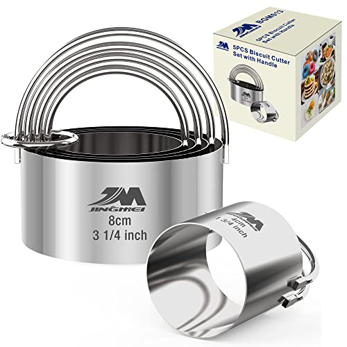 5 Pieces Circle Biscuit Cutter,Professional Stainless Steel Round Cookies Mold Tool with Handle for Baking GIFT Package - style: 5pcs with Handle(1.75-3.25in)