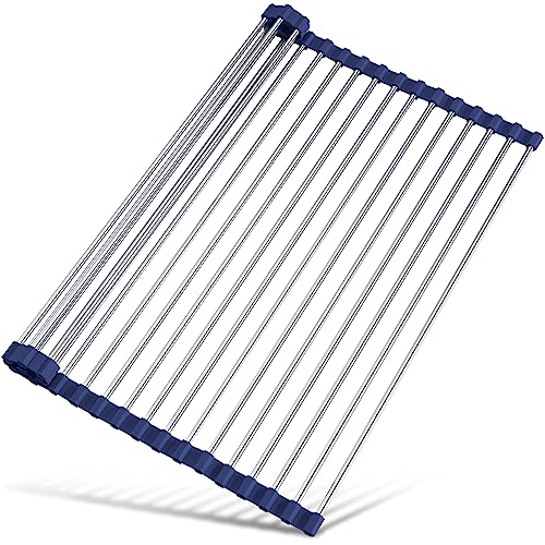 Tomorotec 17.7" x 12.5" Roll Up Dish Drying Rack Over Sink Drying Rack Sink Cover Kitchen Sink Accessories Gadget Multipurpose Organizer Foldable Stainless Steel Drainer - color: Indigo, size: 17.7 x 12.5 in
