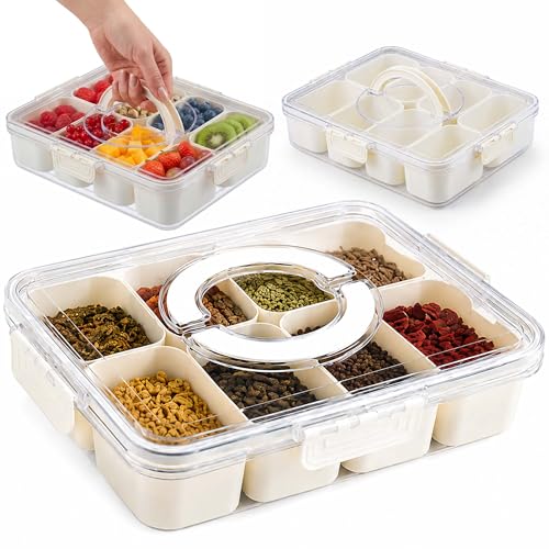 Four Flowers Snackle Box Container, 8 Compartment Divided Serving Tray with Lid and Handle, Portable Snack Box for Fruit, Nuts and spices, Crystal Clear Snack Organizer for Travel and Parties