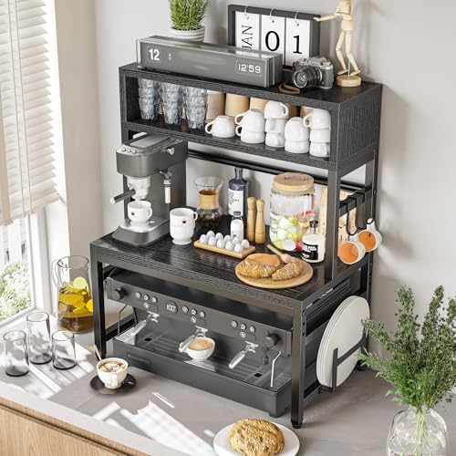 EnHomee 4-Tier Microwave Stand for Kitchen Storage, Black | 205 lb Capacity, Adjustable Kitchen Shelves with 9 Hooks & Cutting Board Rack - color: Black