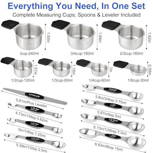 Magnetic Measuring Cups and Spoons Set, Kitchen Measuring Tools for Cooking and Baking - color: Silver