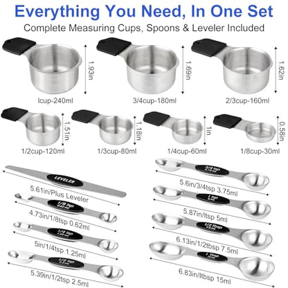 Magnetic Measuring Cups and Spoons Set, Kitchen Measuring Tools for Cooking and Baking - color: Silver
