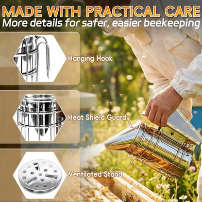 2 Pack Bee Smoker with Pellets, Stainless Steel Bee Hive Smoker with Heat Shield for Beekeeper Daily Beehives Check Easier
