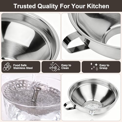 Canning Funnel with Strainer, Wide Mouth Canning Funnels for Filling Wide and Regular Mason Jars, Food Grade Stainless Steel Canning Supplies for Kitchen Use, 3 Pack (Small and Large)