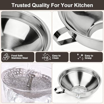 Canning Funnel with Strainer, Wide Mouth Canning Funnels for Filling Wide and Regular Mason Jars, Food Grade Stainless Steel Canning Supplies for Kitchen Use, 3 Pack (Small and Large)
