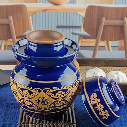 Blue Traditional Chinese Porcelain Pickle Jar,Ceramic Fermentation Crock Pickling Pot,Ceramic Fermenting Jar with Water Seal Airlock Lid Stoneware Fermenter 6kg*1