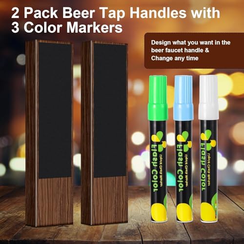 2PCS Beer Tap Handle - Wooden Walnut Chalkboard Keg Tap Handle, Bar Kegerator Tap Handles with 3 Pens, Draft Beer Faucet Handle for Beer Lovers