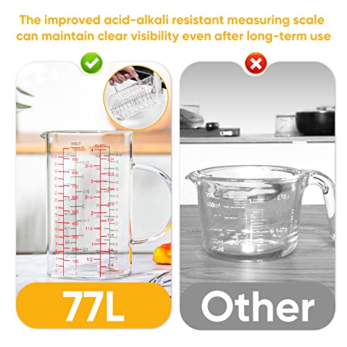 77L Glass Measuring Cup with Handle, [Double-Sided Measuring Scale, V-Shaped Spout, Insulated handle], High Borosilicate Glass Measuring Cup with Three Scales (OZ, Cup, ML) for Liquid (4 Cup) - size: 4 Cup (1000 ml)