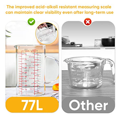 77L Glass Measuring Cup with Handle, [Double-Sided Measuring Scale, V-Shaped Spout, Insulated handle], High Borosilicate Glass Measuring Cup with Three Scales (OZ, Cup, ML) for Liquid (4 Cup) - size: 4 Cup (1000 ml)