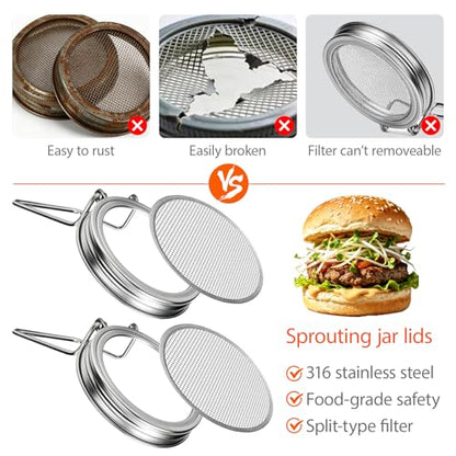 4 Pack Wide Mouth Mason Jar Sprouting Lids, 316 Stainless Steel, 8 Filters | Lids with Built-In Stand, Detachable Mesh Screens, Includes 2 Drip Trays for Easy Sprouting of Alfalfa, Broccoli & More