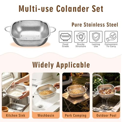 P&P CHEF Stainless Steel Colander Set, Strainers and Colanders for Kitchen | 3 Pcs Square Metal Colander Set, For Washing Draining Rinsing Spaghetti Fruit Food, Dishwasher Safe & Healthy, 2.4 / 4 / 6 Qt