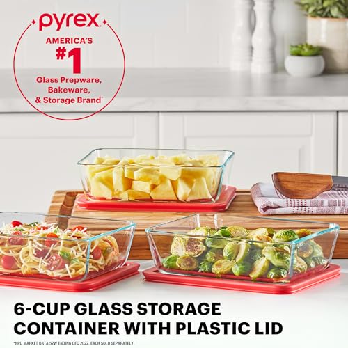 Pyrex Simply Store Glass Food Storage Container, Snug Fit Non-Toxic Plastic BPA-Free Lids, Freezer Dishwasher Microwave Safe, 6 Cup - size: 6 Cup