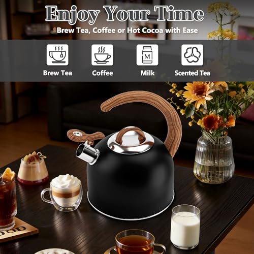 Harriet Tea Kettle Whistling Stovetop Tea Pot, 3.1QT Food Grade Stainless Steel Kettle for Boiling Water Coffee or Milk(Black) - color: Black