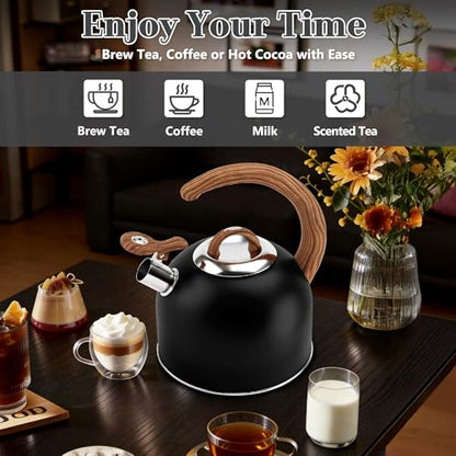 Harriet Tea Kettle Whistling Stovetop Tea Pot, 3.1QT Food Grade Stainless Steel Kettle for Boiling Water Coffee or Milk(Black) - color: Black