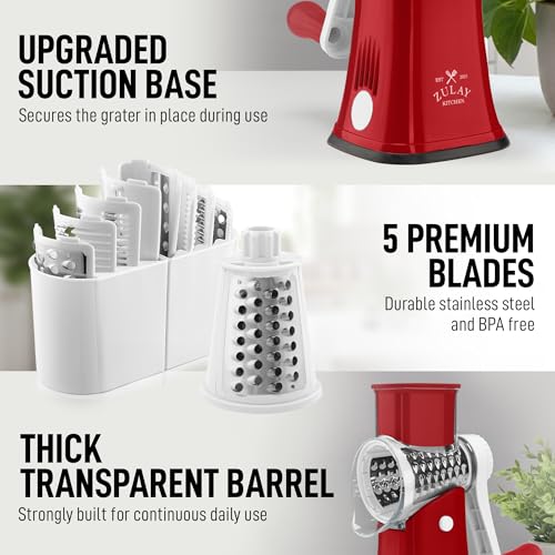 Zulay Kitchen Rotary Cheese Grater 5 Blade Cheese Shredder - Manual Hand Crank Cheese Grater With Reinforced Suction & 5 Interchangeable Drums - Easy to Use, Vegetable Chopper Round Mandoline Slicer - color: White and Red