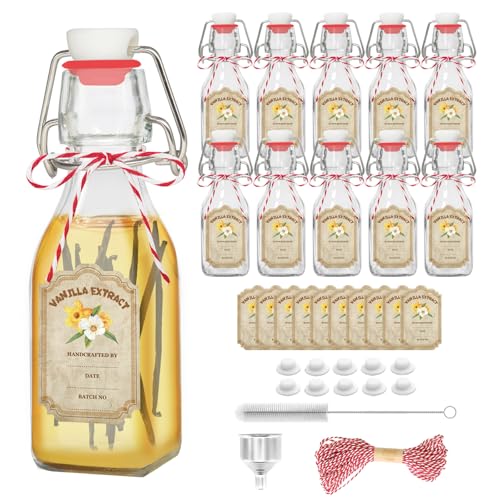 10 Pack Swing Top Glass Vanilla Extract Bottles 4 oz with Lids, Vanilla Labels & Funnel, Boston Square Bottles for Homemade Syrup, DIY Gifts, Flip Top Jars for Extract - color: 10PC 4oz Square Bottle