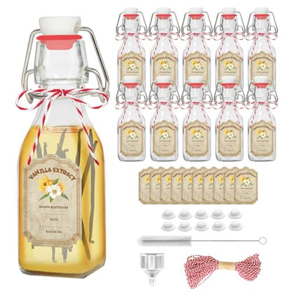 10 Pack Swing Top Glass Vanilla Extract Bottles 4 oz with Lids, Vanilla Labels & Funnel, Boston Square Bottles for Homemade Syrup, DIY Gifts, Flip Top Jars for Extract - color: 10PC 4oz Square Bottle