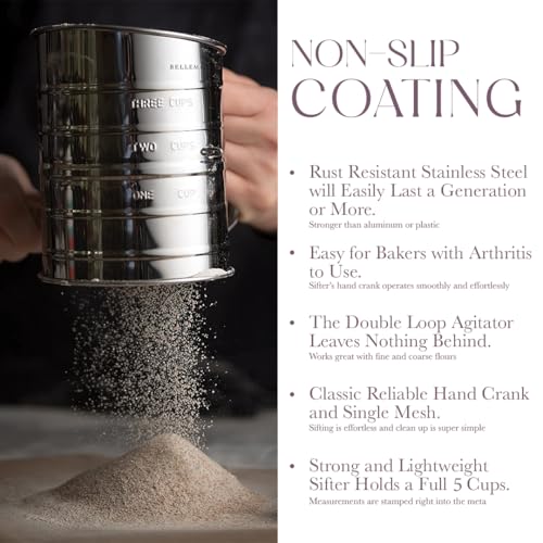 Bellemain 5 Cup Flour Sifter for Baking Fine Mesh Rotary Hand Crank with Loop Agitator for Quick Sifting, Flour Sifter Stainlees Steel - size: 5 Cup