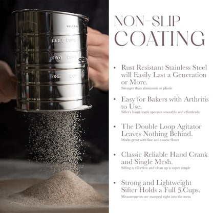 Bellemain 5 Cup Flour Sifter for Baking Fine Mesh Rotary Hand Crank with Loop Agitator for Quick Sifting, Flour Sifter Stainlees Steel - size: 5 Cup