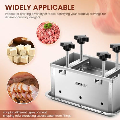 NEWTRY Deli Meat Press Tool 6.6LB Capacity Tofu Press Maker 304 Stainless Steel for Tofu Pork Beef Bacon Homemade Deli Meat with Press Handle
