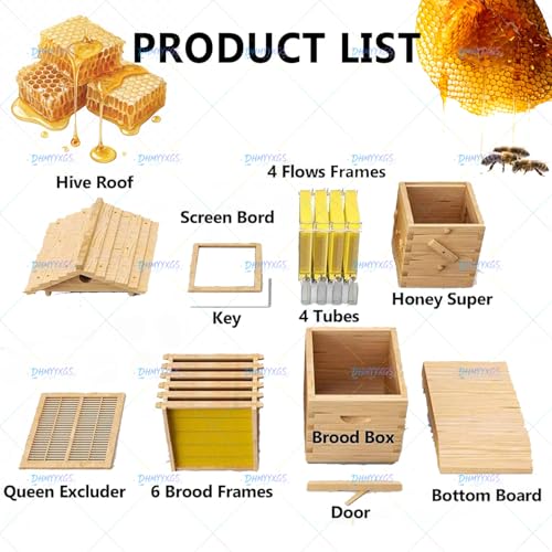 Beehive Complete Kit,Auto Flow Bee Hives Boxes Starter Kit, Durable Wooden Construction with Easy Honey Harvest Design, Ideal Beekeeping Supplies for Novices Home Garden & Small Apiaries